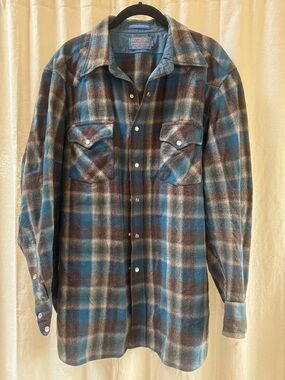 Pendleton Teal and Brown Plaid Wool Shirt Jacket